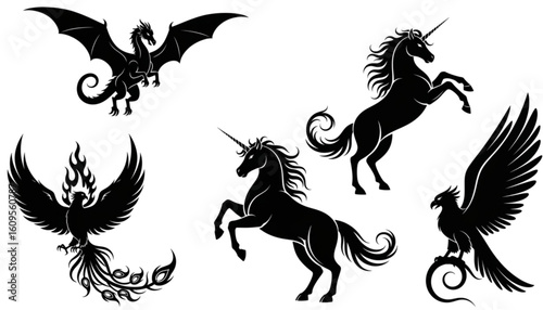 Silhouettes of mythical creatures: dragon, phoenix, and unicorns, depicted in black against a white background.