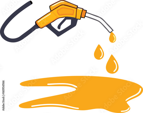 Yellow fuel nozzle dripping liquid onto spilled fuel vector