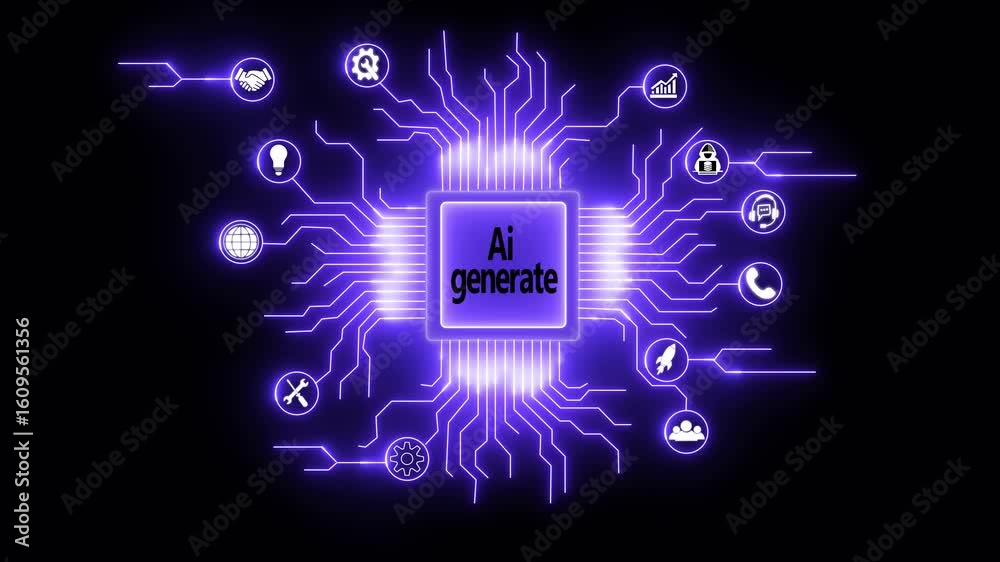 Glowing AI generate text with a futuristic and digital aesthetic, ai agent- businessman working with virtual reality at office. artificial intelligence, data science, and innovation 4k animated video.