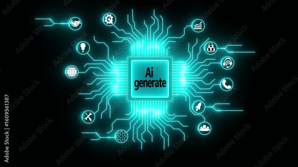 Glowing AI generate text with a futuristic and digital aesthetic, ai agent- businessman working with virtual reality at office. artificial intelligence, data science, and innovation 4k animated video.