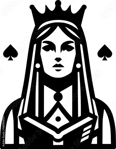 black and white vector of the queen of spades holding a book, symbolizing intellect and strategic strength
