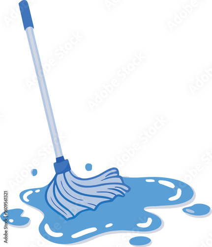 Blue mop cleaning liquid spill with droplets vector