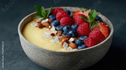 Fototapeta Naklejka Na Ścianę i Meble -  Healthy smoothie bowl topped with fruits and nuts