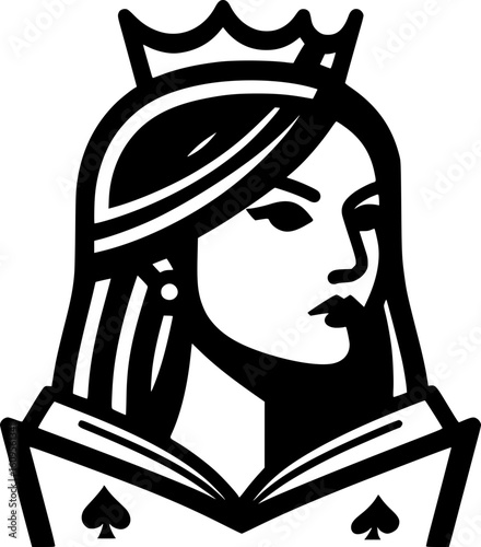 black and white vector of the queen of spades holding a book, symbolizing intellect and strategic strength