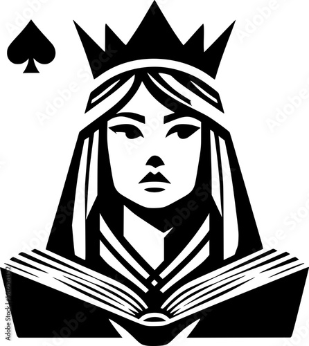 black and white vector of the queen of spades holding a book, symbolizing intellect and strategic strength