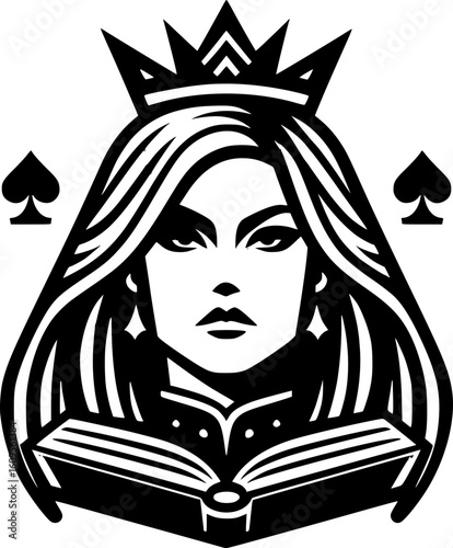 black and white vector of the queen of spades holding a book, symbolizing intellect and strategic strength