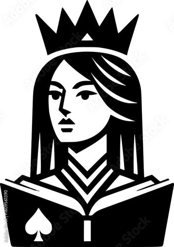 black and white vector of the queen of spades holding a book, symbolizing intellect and strategic strength