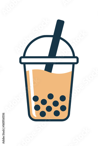 Refreshing Bubble Tea with Chewy Tapioca Pearls and Straw in Plastic Cup