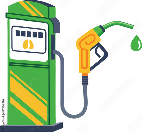 Green gas pump with yellow stripes and fuel nozzle station