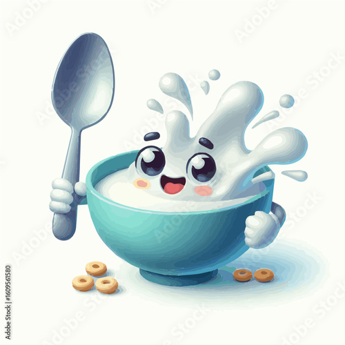 Playful 3D cereal bowl character floating spoon animated milk splash pastel tones