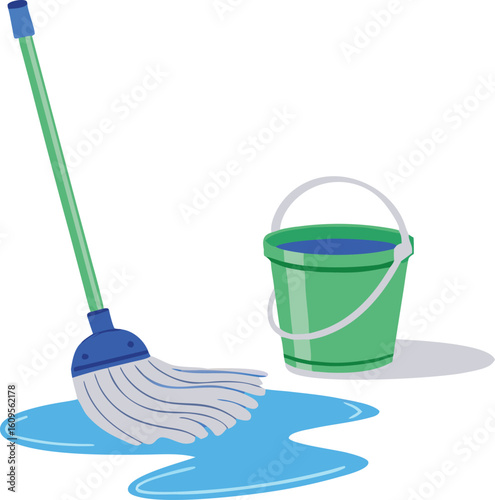 Green bucket and mop with blue water cleaning