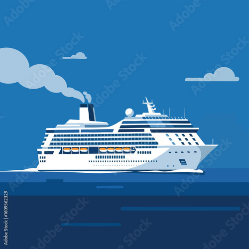 Cruise Ship Sailing on the Ocean with Blue Sky and Clouds Illustration.