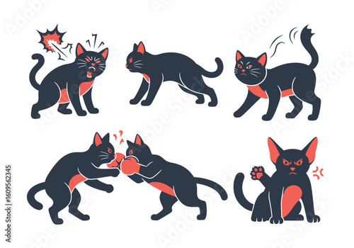 Cartoon illustrations depicting a black cat in various poses, expressing different emotions and actions.