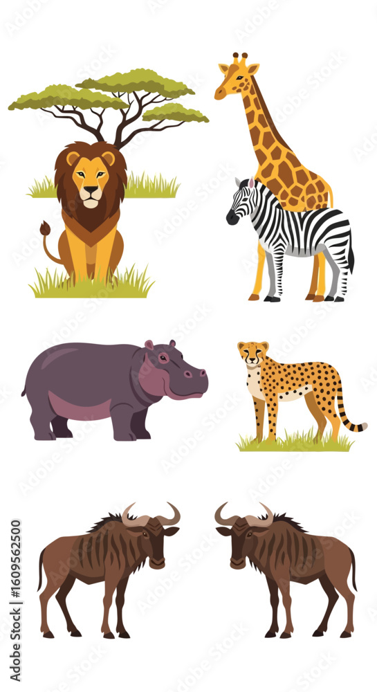 Obraz premium Cartoon illustration featuring various African animals, showcasing wildlife in a vibrant, flat style.