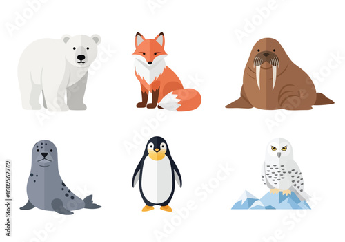 A set of six flat design illustrations showcasing various Arctic and Antarctic animals including a polar bear, fox, walrus, seal, penguin, and snowy owl.