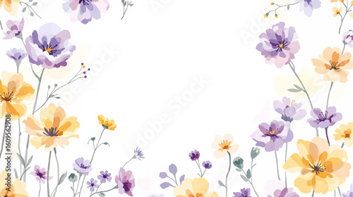 Cute pastel flowers with leaves seamless repeat pattern. Vector, botany all over surface print on white background.