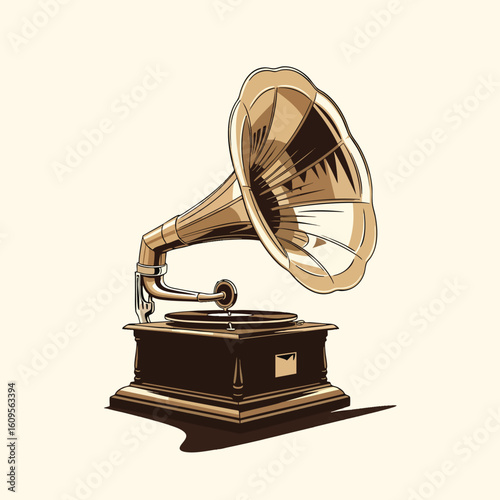 Antique Gramophone with Horn Speaker and Record Player.