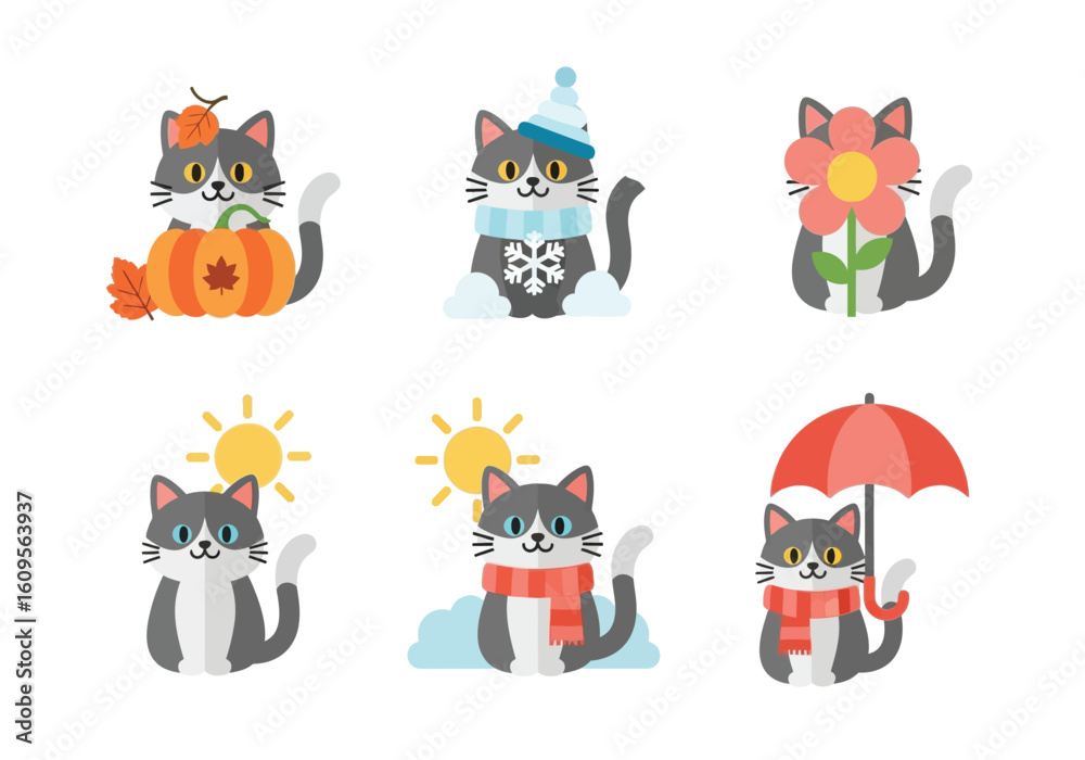 Fototapeta premium Six cartoon cats representing different seasons: autumn with pumpkin, winter with snowflake, spring with flower, and summer with sun and umbrella.