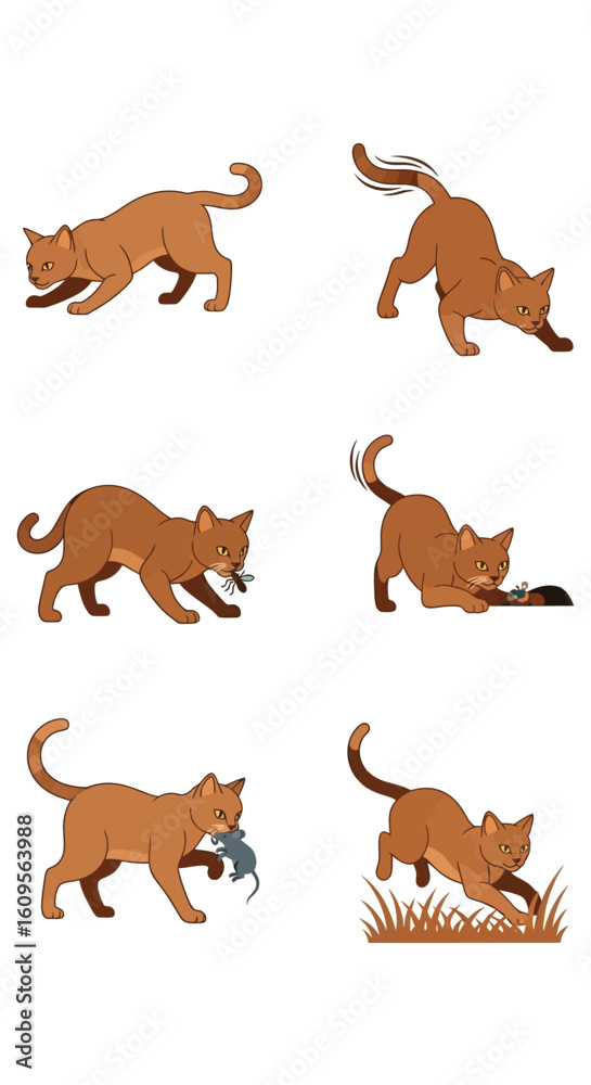 Fototapeta premium Six cartoon illustrations showing a brown cat in various poses, including stalking, pouncing, and carrying a captured mouse.