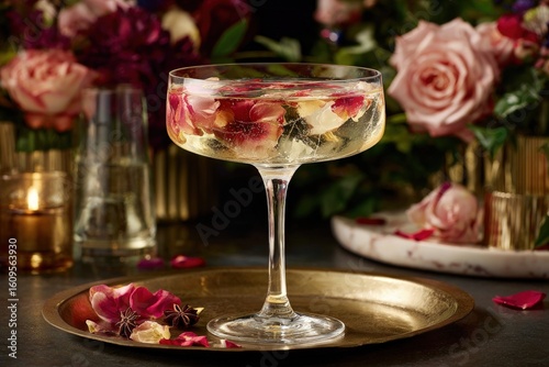 Elegant coupe of sparkling rose petal cocktail on gold tray. Romantic, celebratory mood. Luxurious still life with floral arrangements, candlelight