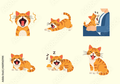 Six cartoon illustrations of an orange tabby cat displaying different emotions and actions: yawning, stretching, being held, meowing, sleeping, and smiling.