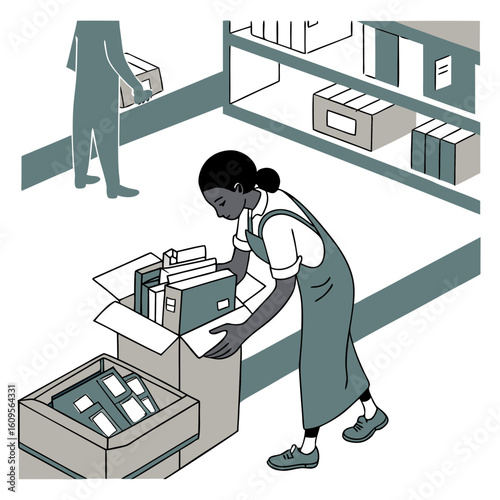 Woman packing boxes with office supplies in a workspace environment  