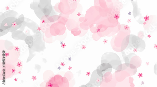 A seamless pattern of watercolor-style flowers and foliage. The flowers are various shades of pink and peach, with a soft, slightly muted color palette. The flowers have a rounded, full blossom shape.