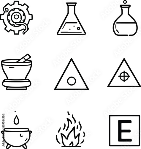 Alchemy & Science Symbol Icon Set – Black and White Vector Illustrations of Flasks, Gears, Cauldrons, Fire, and Symbols