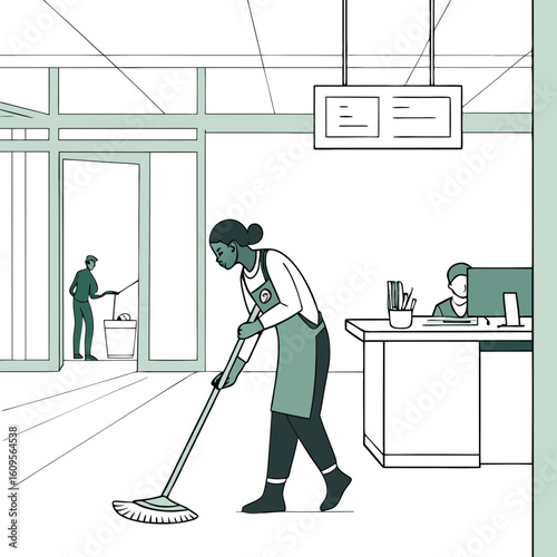 Cleaning staff mopping floor while working in modern office environment  