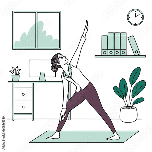 Young woman performing yoga stretch in office on mat with plants  