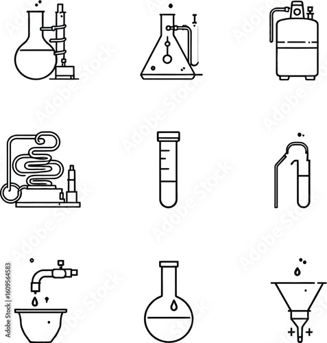 Chemistry Lab Equipment Icon Set – Black and White Vector Illustrations of Flasks, Tubes, Funnels, Gas Cylinders, and Tools