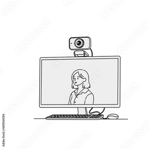 Woman's face displayed on computer screen during video call, webcam attached.