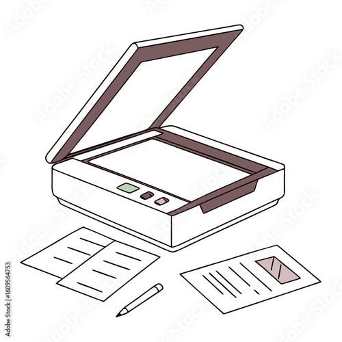 Office scanner with paper documents and pen on white background  