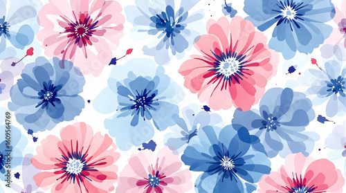 Delicate watercolor flowers seamless pattern filled with vibrant colors like pink, blue and orange. Watercolor vector background for use in crafts, or textiles, a lively touch to any design project