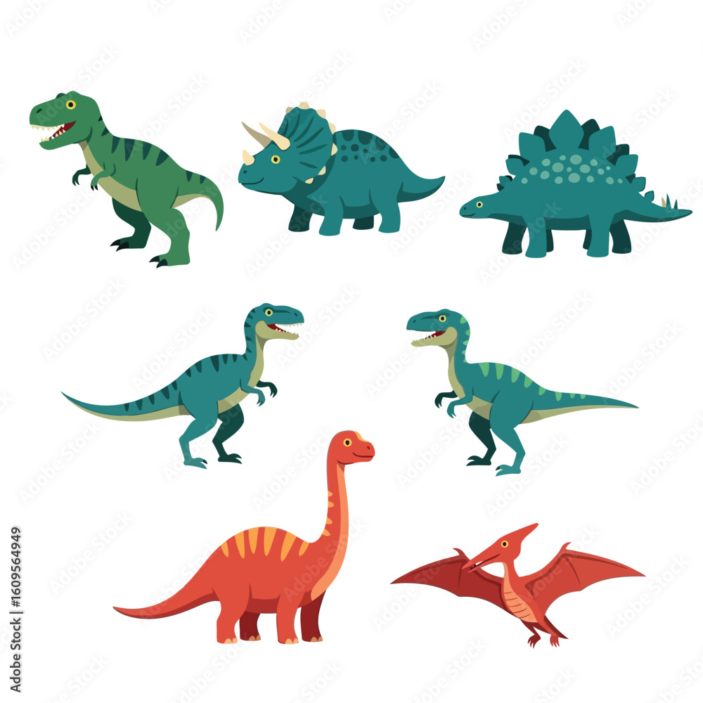 Fototapeta premium A collection of seven cartoon dinosaurs, including a T-Rex, Triceratops, Stegosaurus, two raptors, a Brontosaurus, and a Pterodactyl.