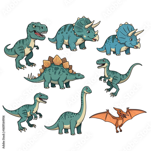 Cartoon illustration featuring a collection of various dinosaurs, including a Tyrannosaurus Rex, Triceratops, Stegosaurus, Velociraptor, Brachiosaurus, and P...