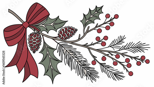 Illustration of a christmas decoration with a red bow pine cones holly and red berries on a white background