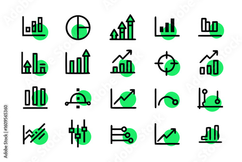 Collection of simple line graphics representing upward and downward movement progress and decline for business and finance concepts