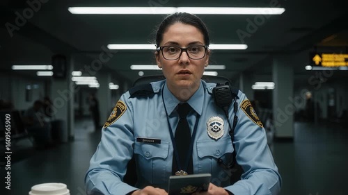 Professional passport control officer examining documents with serious focused expression during airport immigration security checkpoint