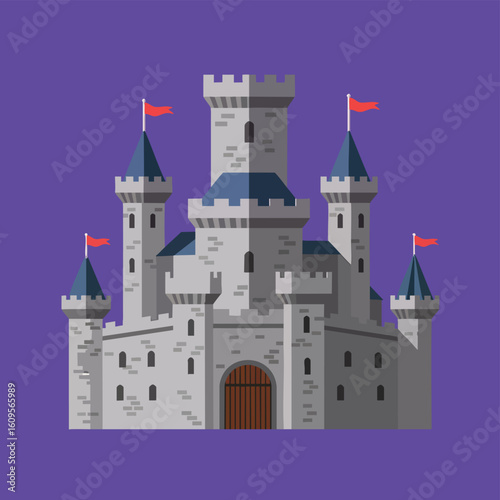 Flat Vector Illustration of a Medieval Stone Castle with Red Flags.
