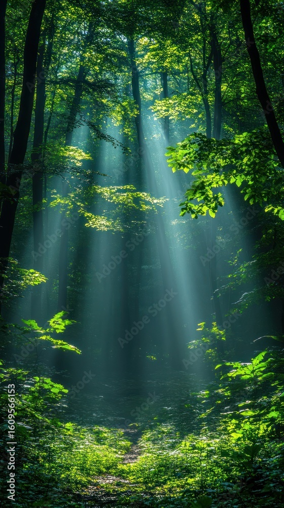 Obraz premium Sunlight streams through a lush green forest