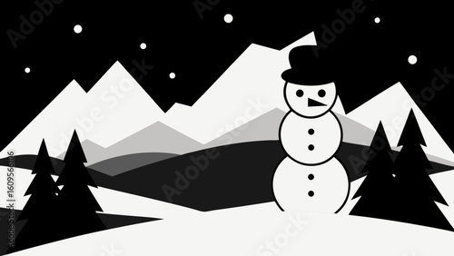 Black and white winter scene with snowman, mountains, trees and falling snow under a dark night sky