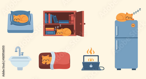 A cartoon illustration depicts an orange cat sleeping in various locations: on a bed, in a bookshelf, on a refrigerator, in a sink, in a sleeping bag, and next to a laptop.