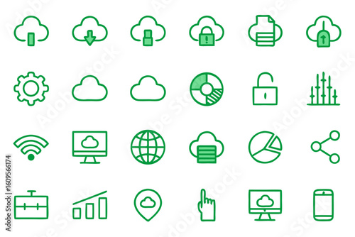 Comprehensive collection of modern line graphics representing various aspects of information technology and digital communication systems presented in a clean and organized format