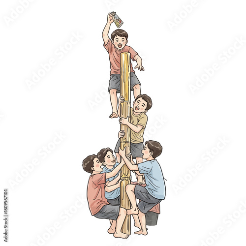 Illustration of a group of boys climbing a greased pole to reach a prize at the top, working together as a team.