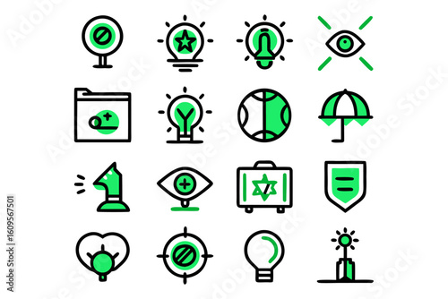 Conceptual collection of abstract intellectual property symbols and concepts represented with clean modern line art in a contemporary design aesthetic