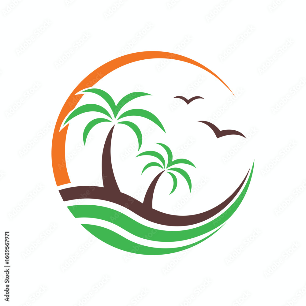 Fototapeta premium Stylized tropical beach scene with palm trees and birds under an orange sun vector