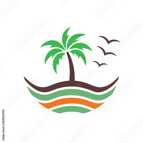 Stylized green palm tree with brown trunk and fronds over colorful wavy lines and flying birds