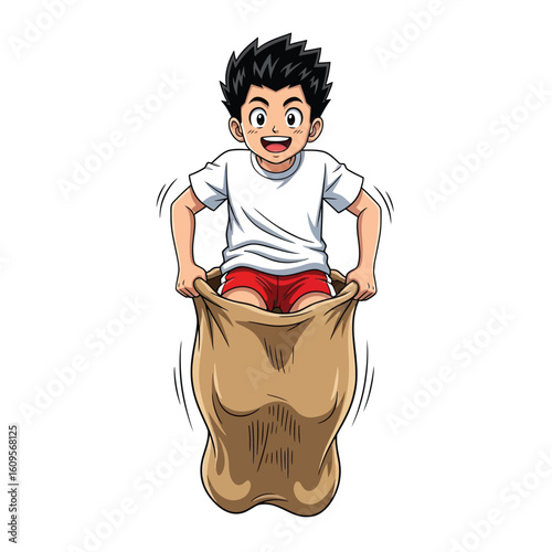 Cartoon illustration of a young boy smiling and participating in a sack race, holding the sack open.