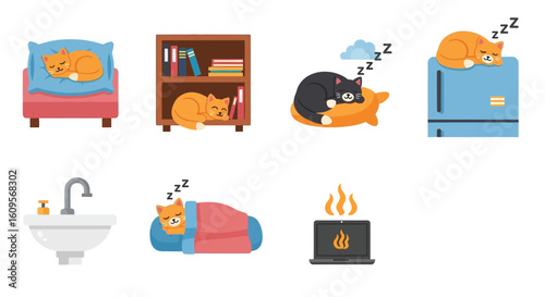 A collection of cartoon cats sleeping in various locations: on a chair, bookshelf, pillow, refrigerator, in a bed, and near a fireplace, along with a sink.